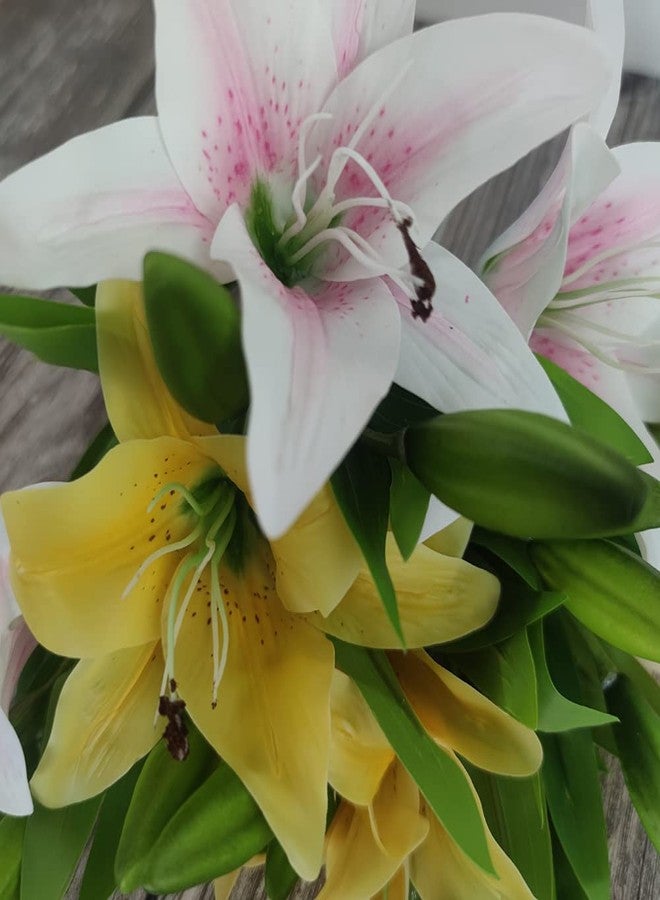AntranStore 7 Pcs Artificial Lily Flowers Artificial Lilies Flowers for Home Wedding Bouquets Home Hotel Party Decor Graves Arrangement (Yellow,Light Pink) - Image 5